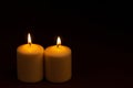 Two whiteÃÂ candlesÃÂ flameÃÂ burningÃÂ onÃÂ dark backgroundÃÂ withÃÂ copyÃÂ space forÃÂ text Royalty Free Stock Photo
